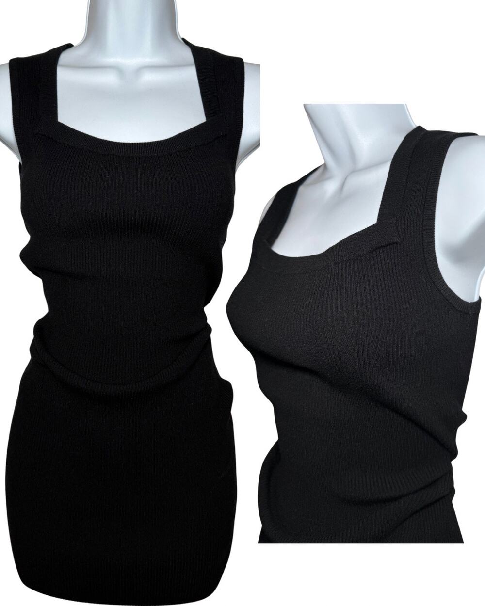 AllSaints Black Ribbed Knit Bodycon Bardi Mini Dress Square Neck Womens Medium